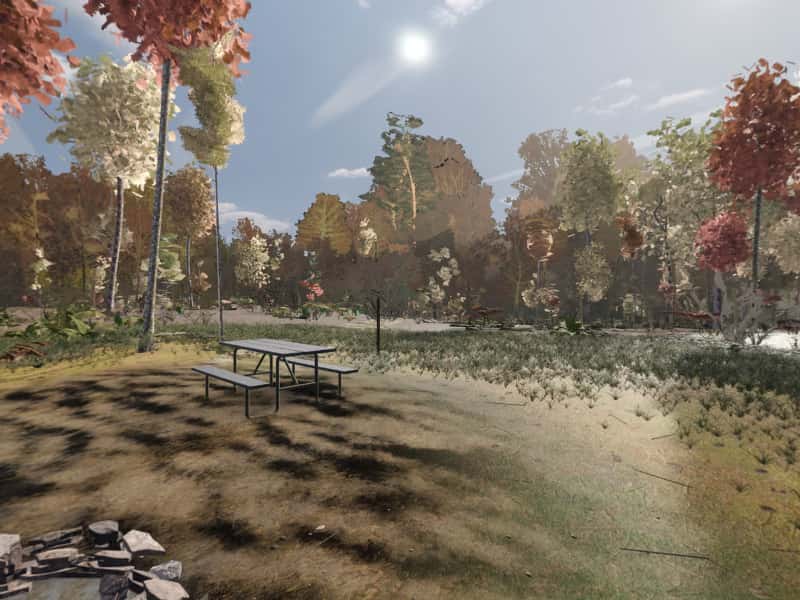 Modeled view from campsite 36, Green Ridge State Forest: the terrain, sky and sun computed for 22 October, facing the sunrise. Not a photograph.