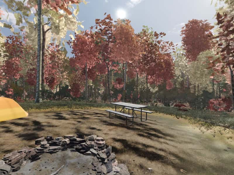 Modeled view from campsite 6, Green Ridge State Forest: the terrain, sky and sun computed for 22 October, facing the sunrise. Not a photograph.