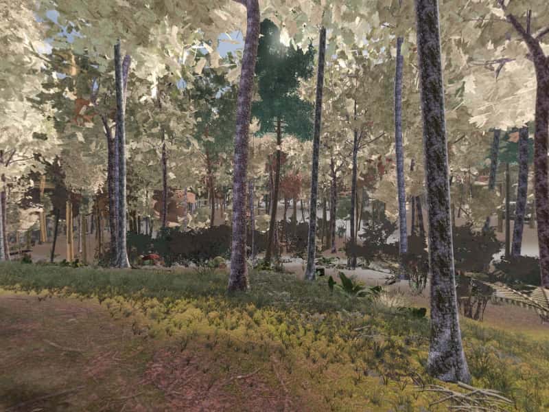 Modeled view from campsite 77, Green Ridge State Forest: the terrain, sky and sun computed for 22 October, facing the sunrise. Not a photograph.
