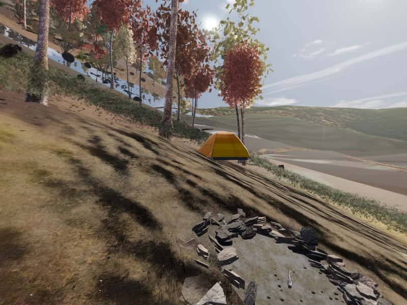 Modeled view from campsite 81, Green Ridge State Forest: the terrain, sky and sun computed for 22 October, facing the sunrise. Not a photograph.