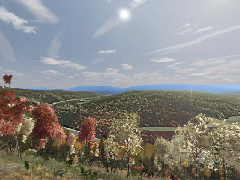 Modeled view from campsite 86, Green Ridge State Forest: the terrain, sky and sun computed for 22 October, facing the sunrise. Not a photograph.