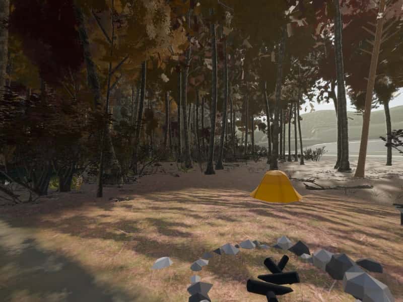Modeled view from campsite 97, Green Ridge State Forest: the terrain, sky and sun computed for 24 October, facing the sunrise. Not a photograph.