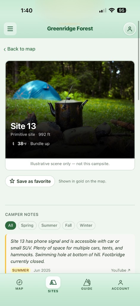 Site detail in Greenridge: photo, weather, and camper notes
