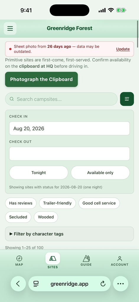 Greenridge sites list: dates, filters, and the clipboard update flow