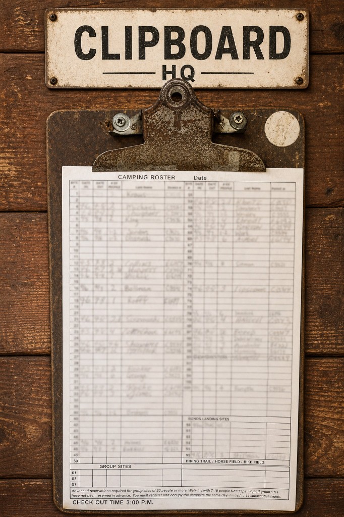 The official first-come camping roster on a clipboard at headquarters.